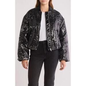 Blank NYC Jacket Sequin Full Zip Bomber Puffer‎ Women's Size Medium Black Silver